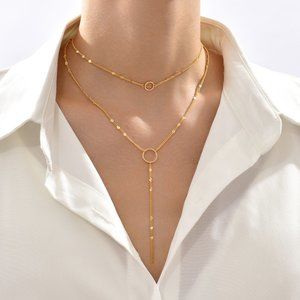 3/$35 Gold Layered Circle Pendant Necklace Dainty Double Chain Choker Jewelry